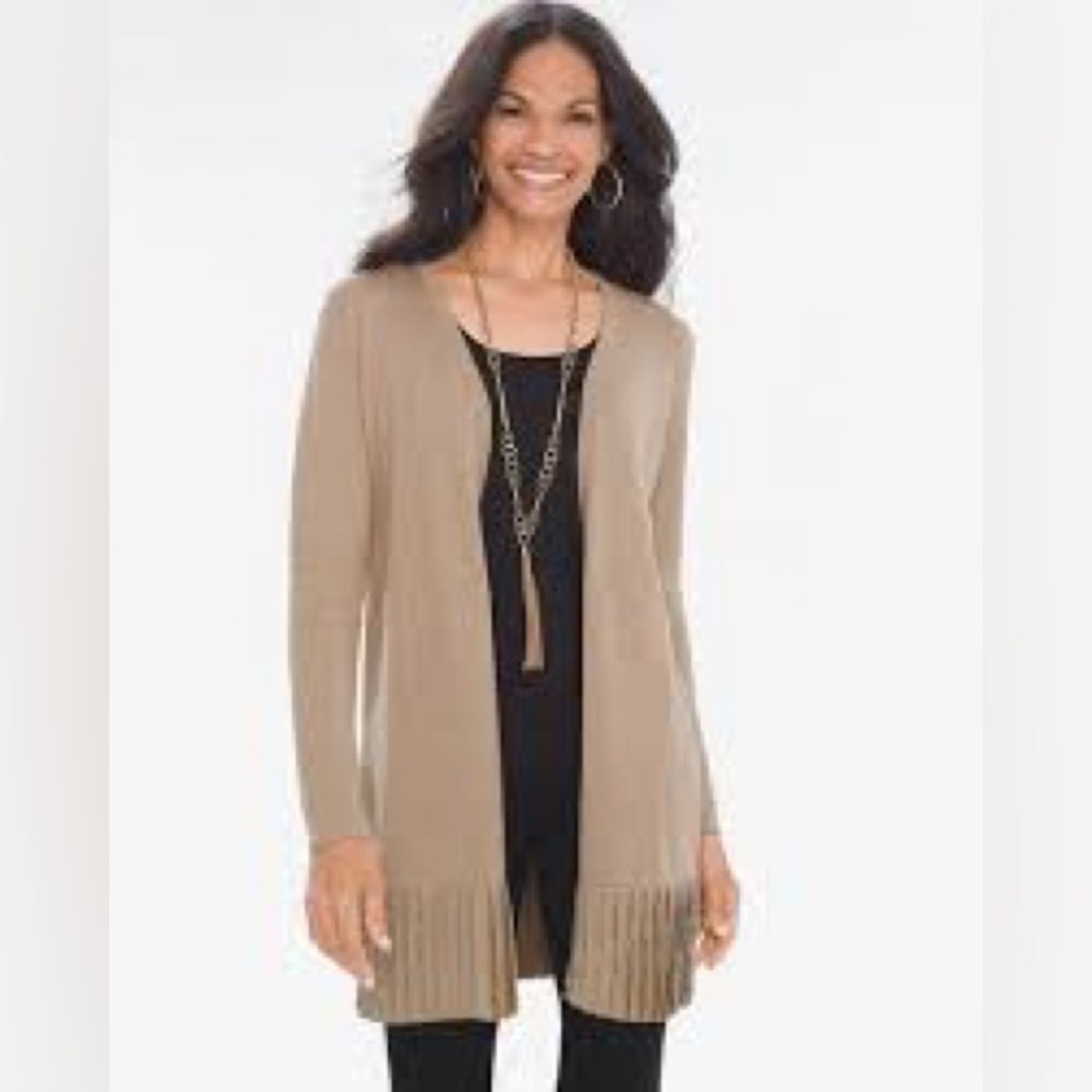 NWT Chico’s Long Pleated Cardigan Taos Taupe Size 8 Medium (1)